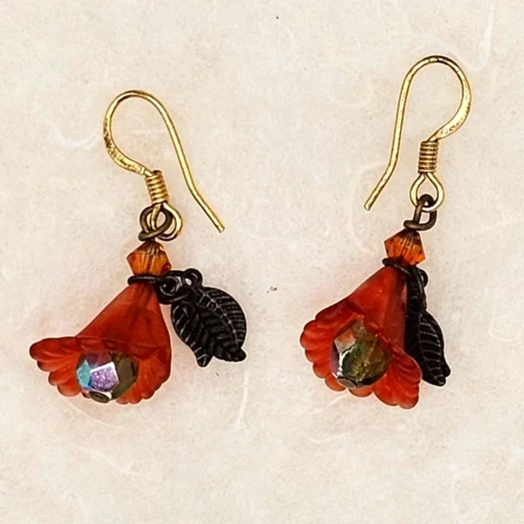 Vintage Tulip Beaded Drop Earrings Gold Hook Leaves Orange - Picture 4 of 5